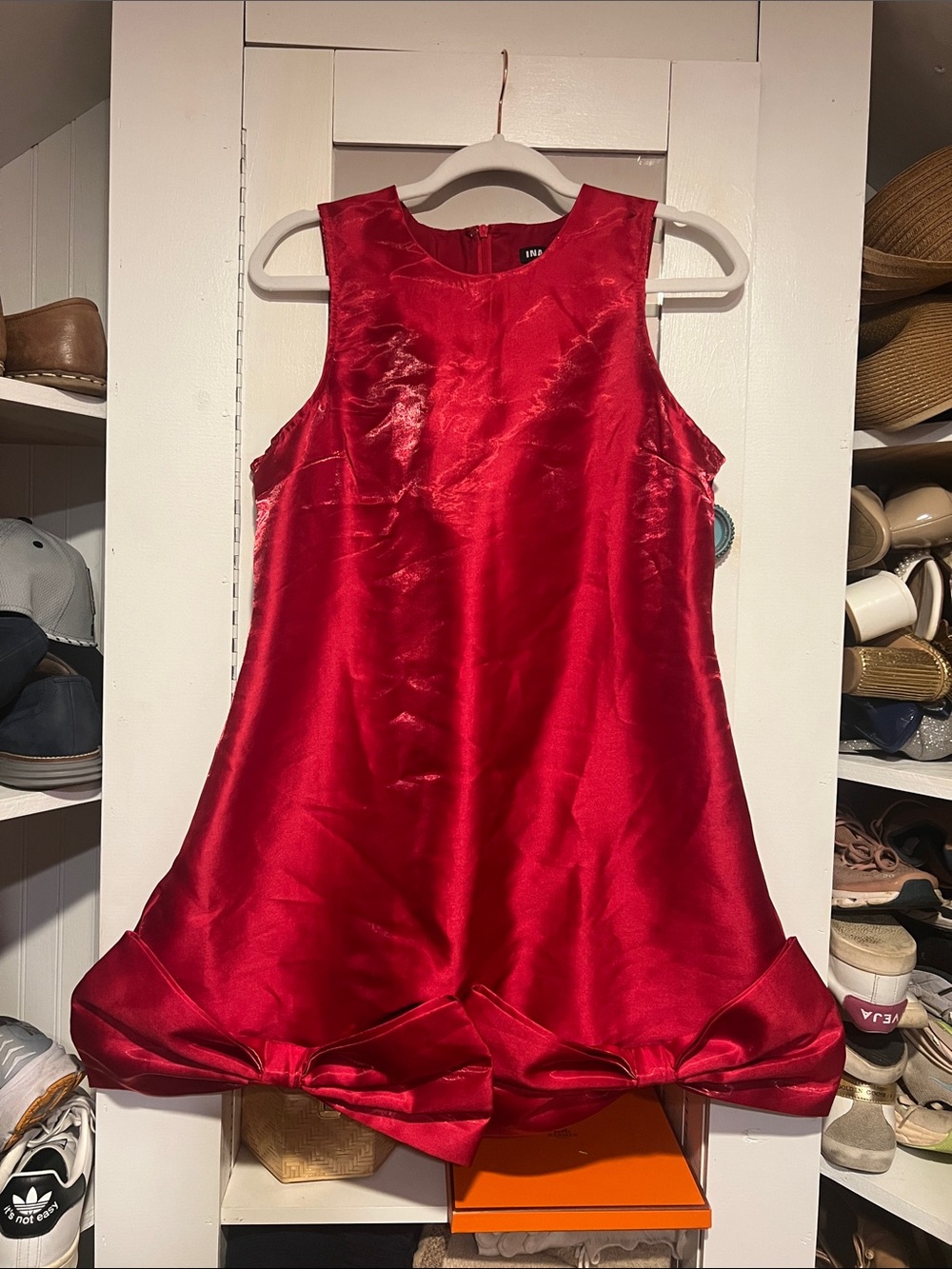 Boutique Red Satin Bow-Hem Sleeveless Dress